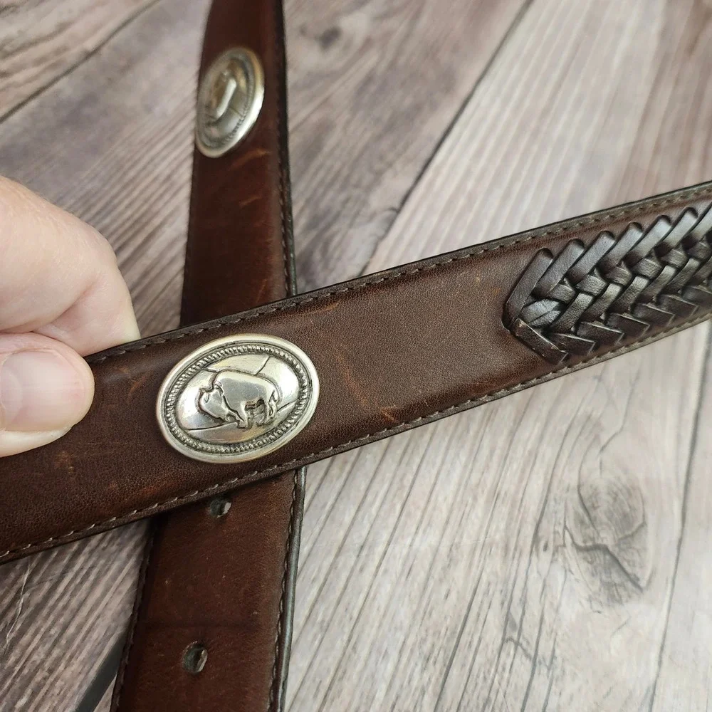 Fossil Mens Brown Leather Western Belt‎ Buffalo Concho Braided  Size 38 Ranch